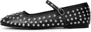 Bigwow Fashion Women's Studded Rhinestone Buckle Ballet Flats Faux Leather Mary Jane Shoe Casual Dress Ballerina Flat Shoes for Ladies