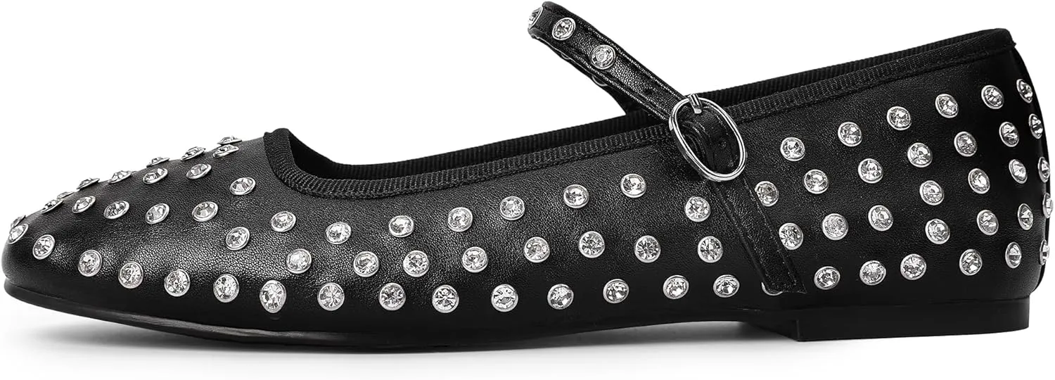 Bigwow Fashion Women's Studded Rhinestone Buckle Ballet Flats Faux Leather Mary Jane Shoe Casual Dress Ballerina Flat Shoes for Ladies