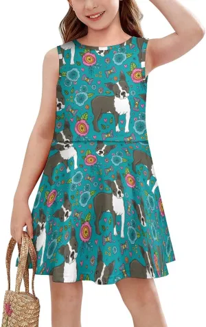 Boston Terrier French BulldogGirls Summer Casual Sleeveless Dress110CM