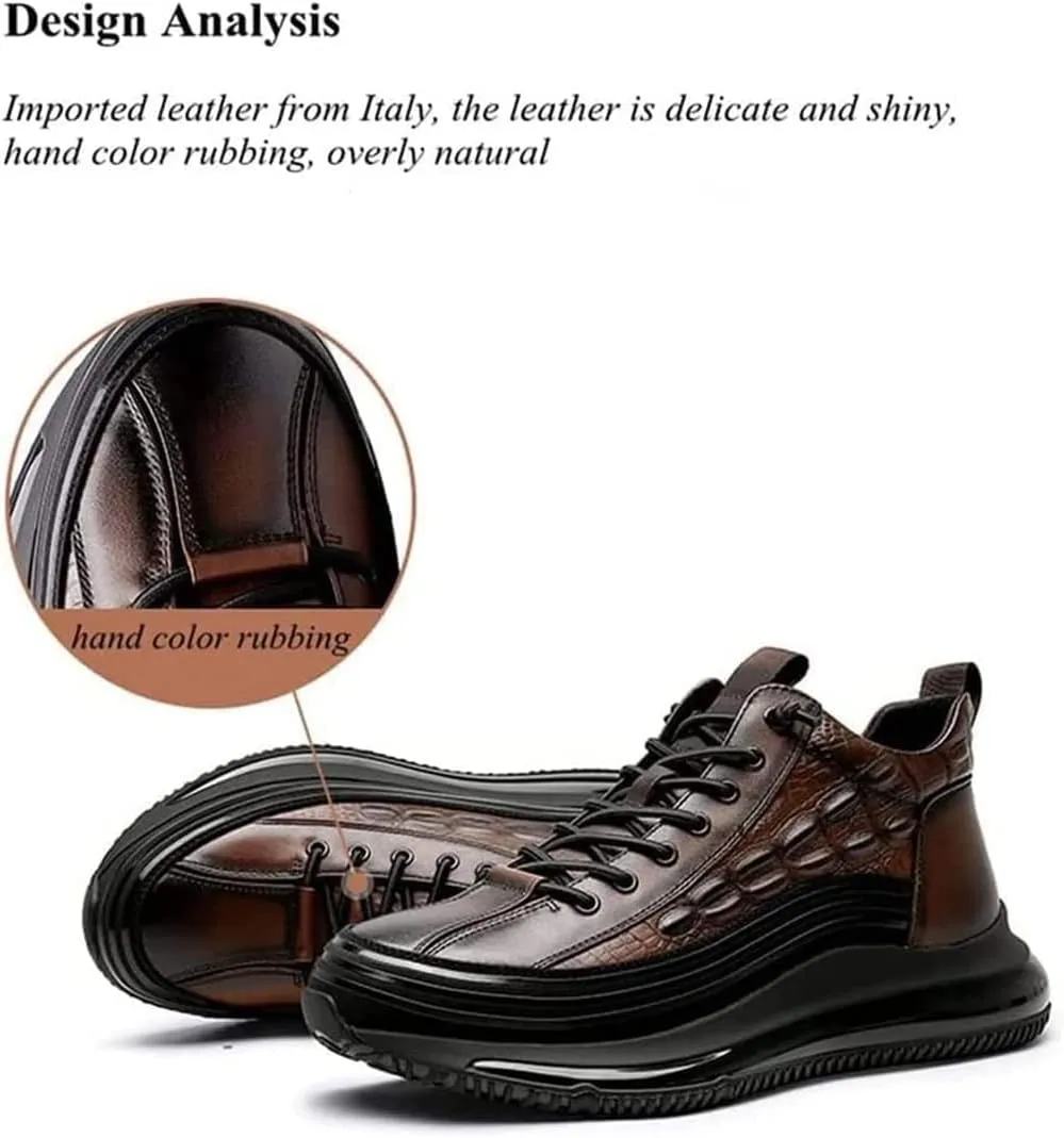 Braised Pork Men's Casual Cowhide Air Cushion Shoes, 2023 New Crocodile Print, Non-Slip Casual Comfortable Shoes,Men's Fashion Sneakers (Brown,43/US 9-9.5)