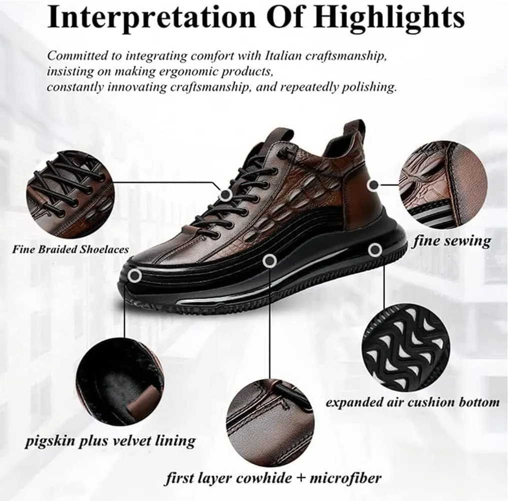 Braised Pork Men's Casual Cowhide Air Cushion Shoes, 2023 New Crocodile Print, Non-Slip Casual Comfortable Shoes,Men's Fashion Sneakers (Brown,43/US 9-9.5)