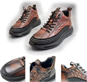 Braised Pork Men's Casual Cowhide Air Cushion Shoes, 2023 New Crocodile Print, Non-Slip Casual Comfortable Shoes,Men's Fashion Sneakers (Brown,43/US 9-9.5)