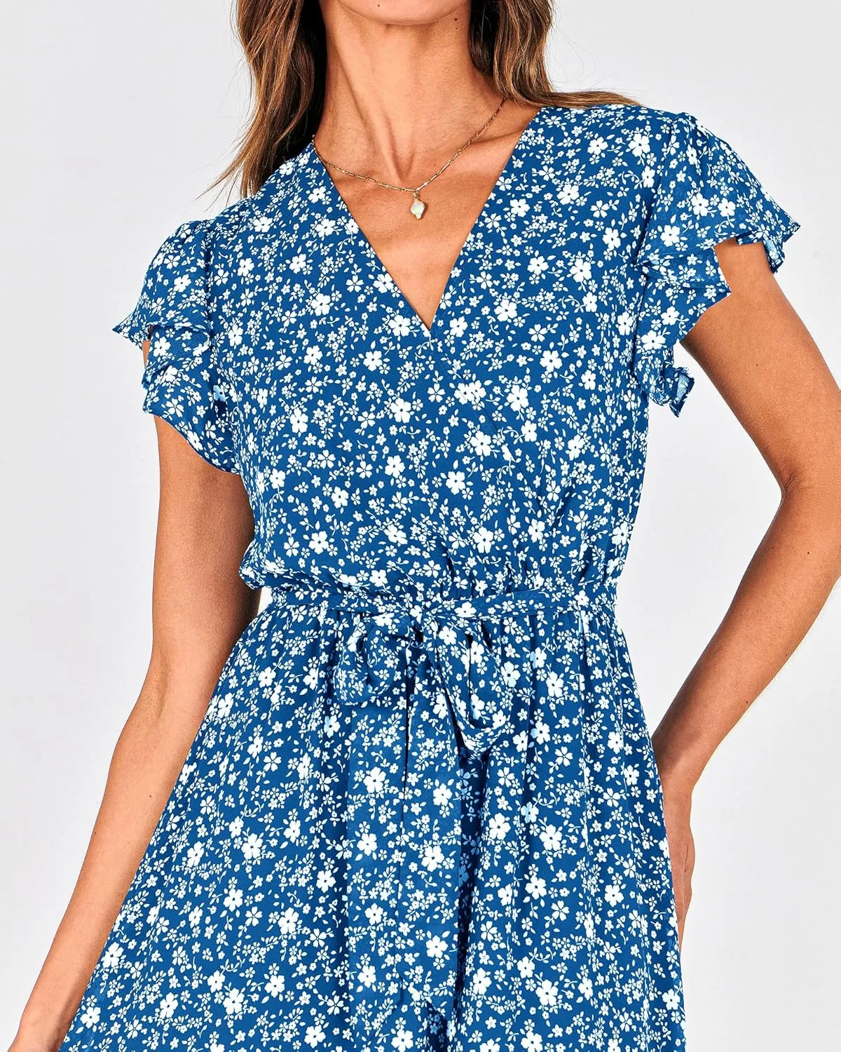 BTFBM Women Summer Bohemian Floral Casual Wrap V Neck Ruffle Cap Sleeveless Belt A-Line Pleated Hem Midi Sun Dress White