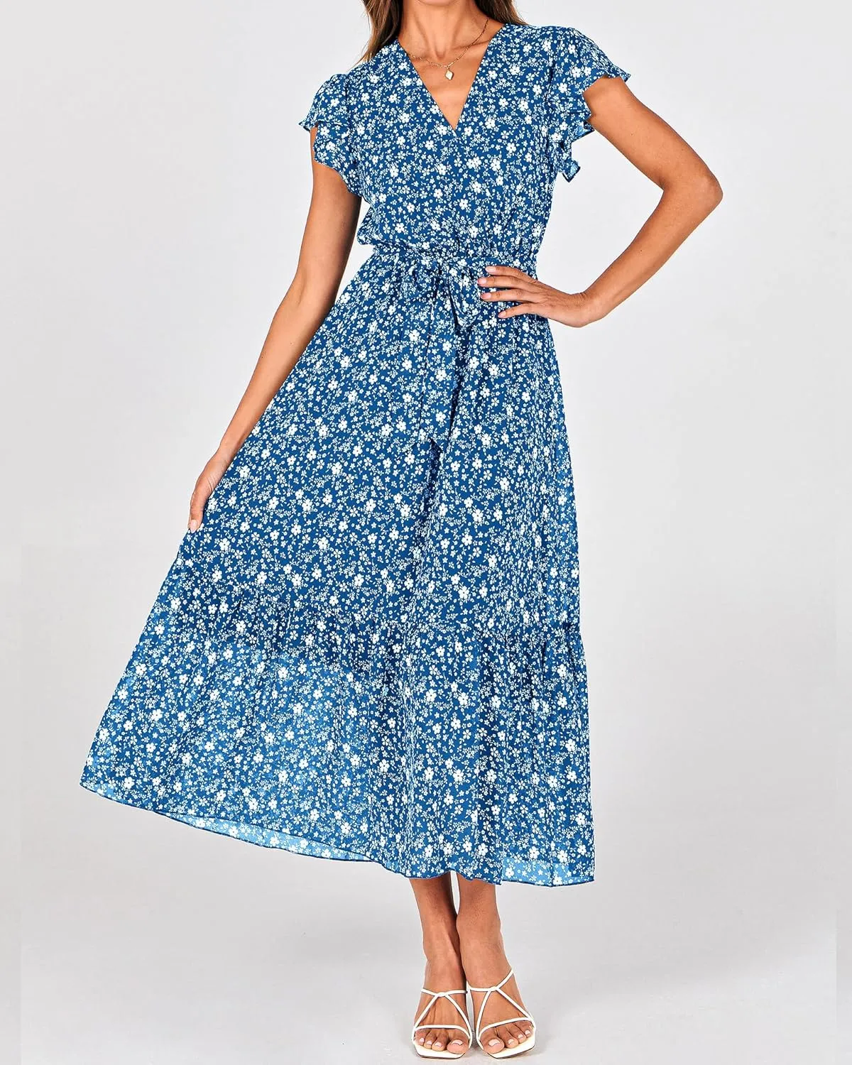 BTFBM Women Summer Bohemian Floral Casual Wrap V Neck Ruffle Cap Sleeveless Belt A-Line Pleated Hem Midi Sun Dress White