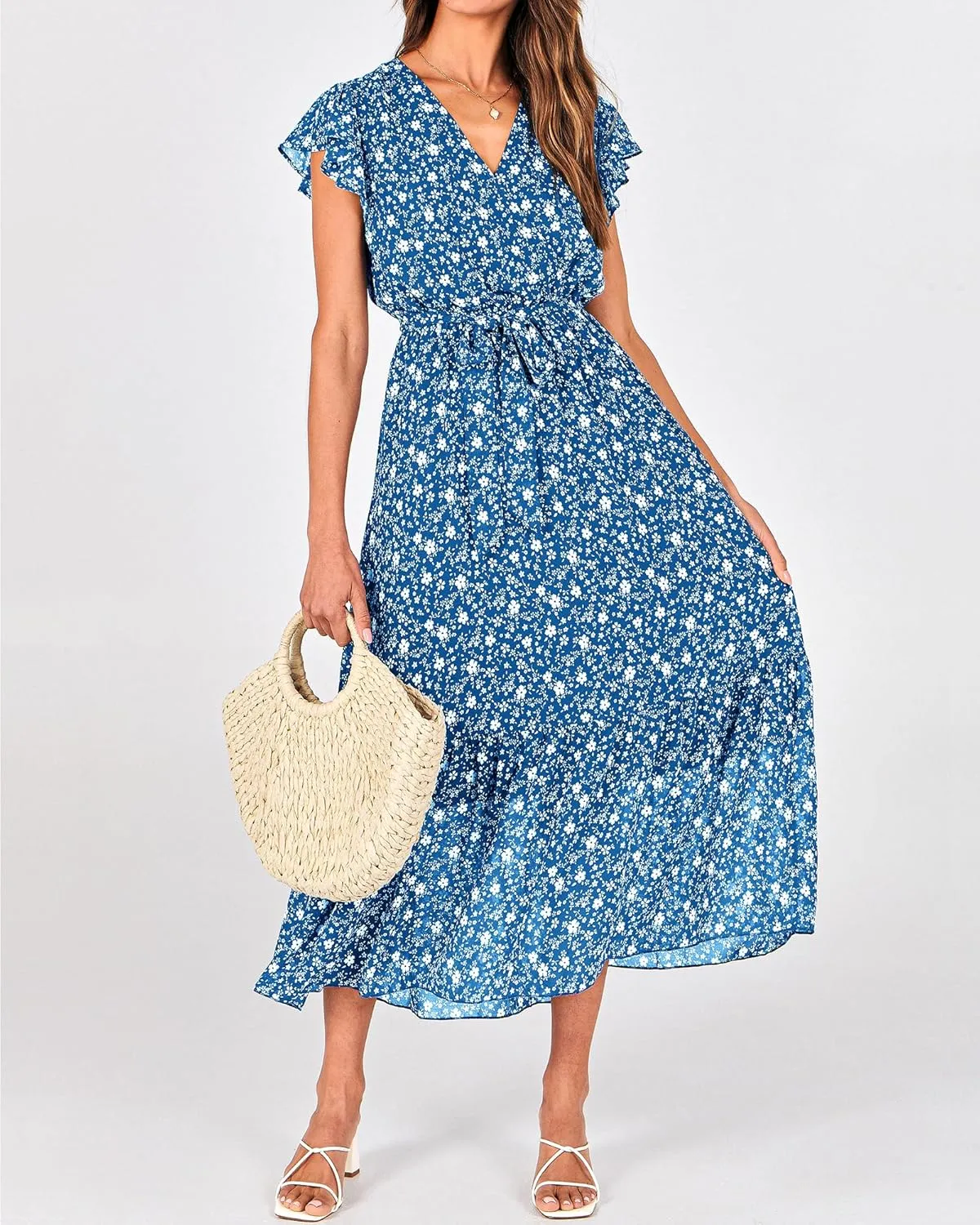 BTFBM Women Summer Bohemian Floral Casual Wrap V Neck Ruffle Cap Sleeveless Belt A-Line Pleated Hem Midi Sun Dress White