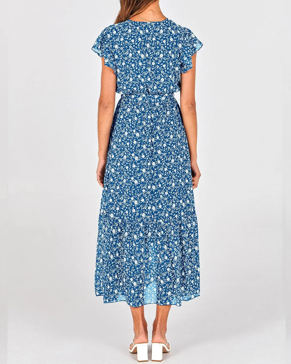BTFBM Women Summer Bohemian Floral Casual Wrap V Neck Ruffle Cap Sleeveless Belt A-Line Pleated Hem Midi Sun Dress White