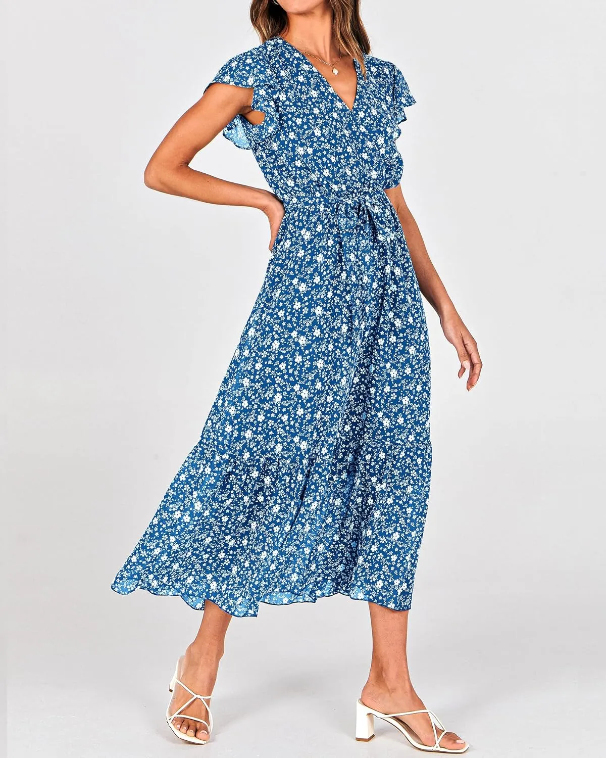 BTFBM Women Summer Bohemian Floral Casual Wrap V Neck Ruffle Cap Sleeveless Belt A-Line Pleated Hem Midi Sun Dress White