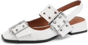 Buckle Ballet Flats for Women Square Toe Slingback Low Heel Ballerina Shoes,white8.5