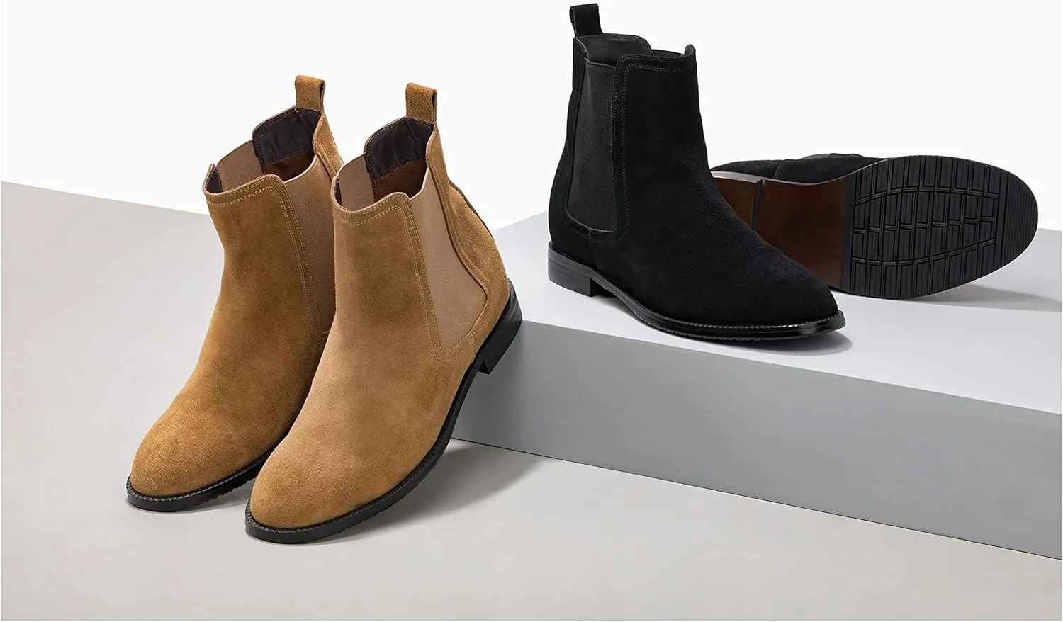 CALTO Men's Invisible Height Increasing Elevator Shoes - Black Suede Leather Slip-on Chelsea Boots - 2.9 Inches Taller - K33090 - Size 12 D(M) US
