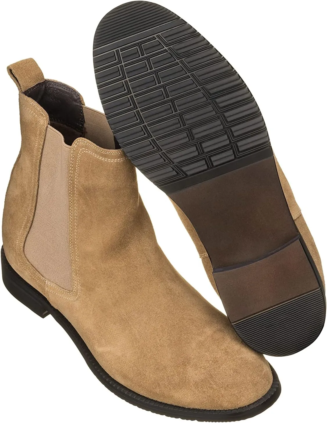 CALTO Men's Invisible Height Increasing Elevator Shoes - Khaki Brown Suede Leather Slip-on Chelsea Boots - 2.9 Inches Taller - K33091 - Size 12 D(M) US