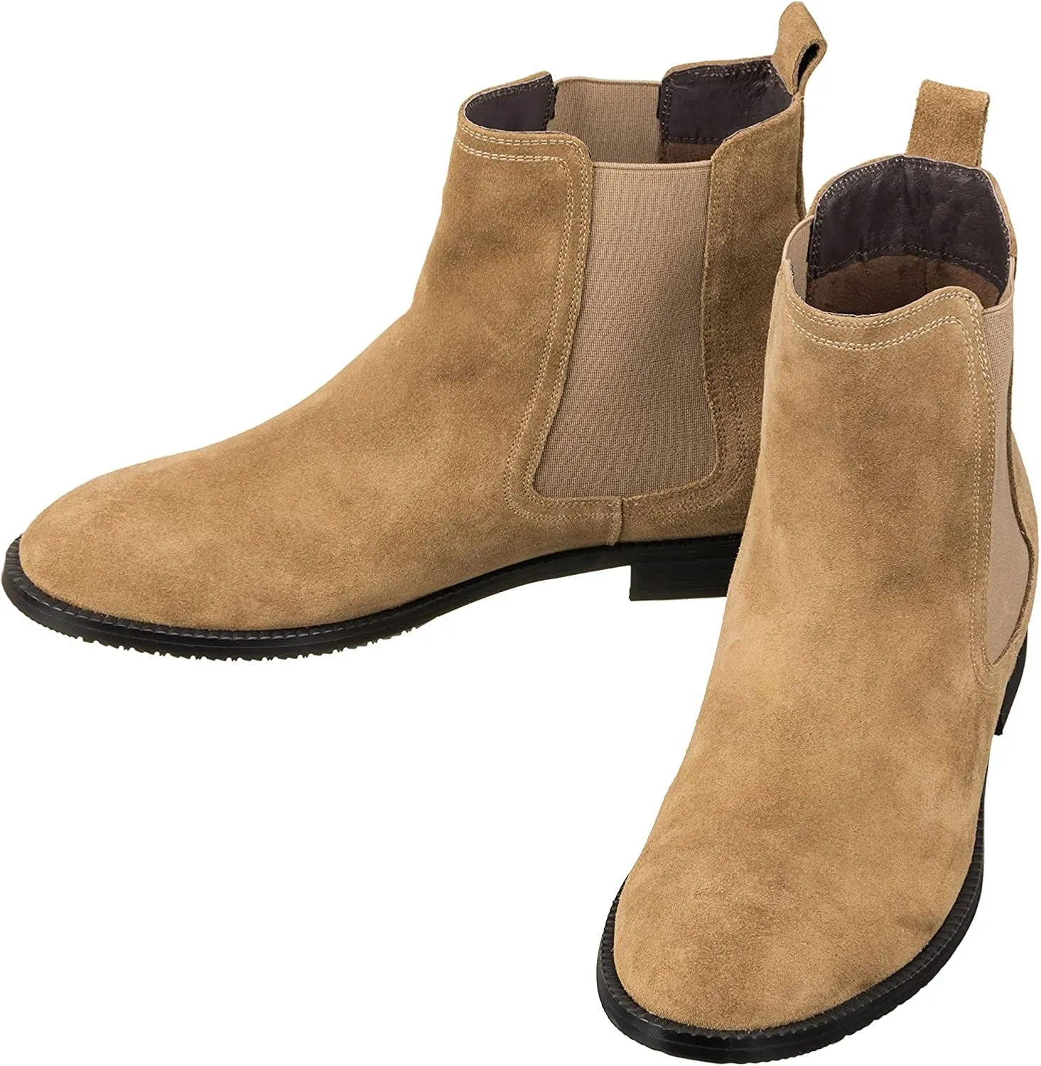 CALTO Men's Invisible Height Increasing Elevator Shoes - Khaki Brown Suede Leather Slip-on Chelsea Boots - 2.9 Inches Taller - K33091 - Size 12 D(M) US