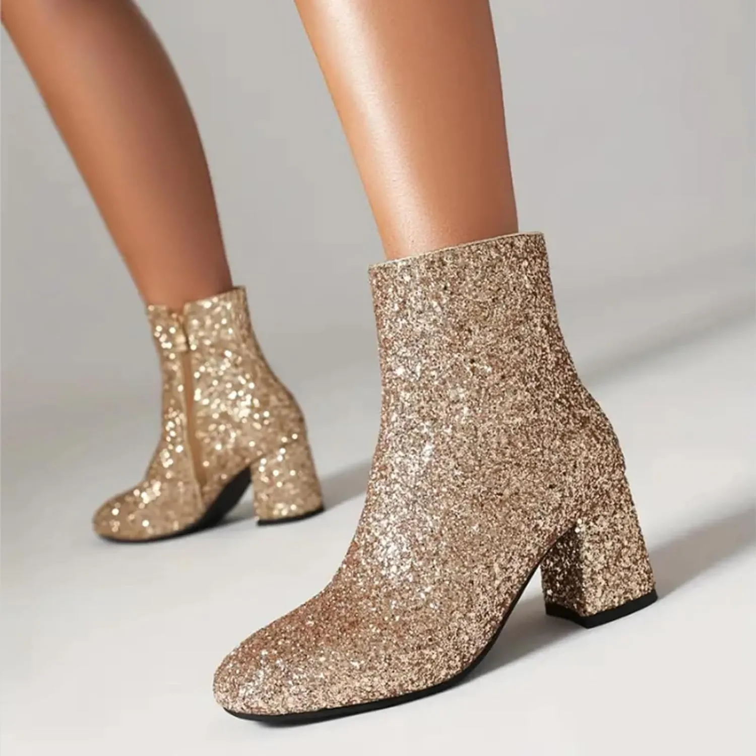 Casual Glitter Ankle Boots for Women, Womens Mid-Calf Block Heel Dazzle Boots, Sparkly Rhinestone Zipper Dress Booties for Party Prom Wedding