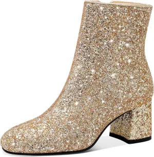 Casual Glitter Ankle Boots for Women, Womens Mid-Calf Block Heel Dazzle Boots, Sparkly Rhinestone Zipper Dress Booties for Party Prom Wedding