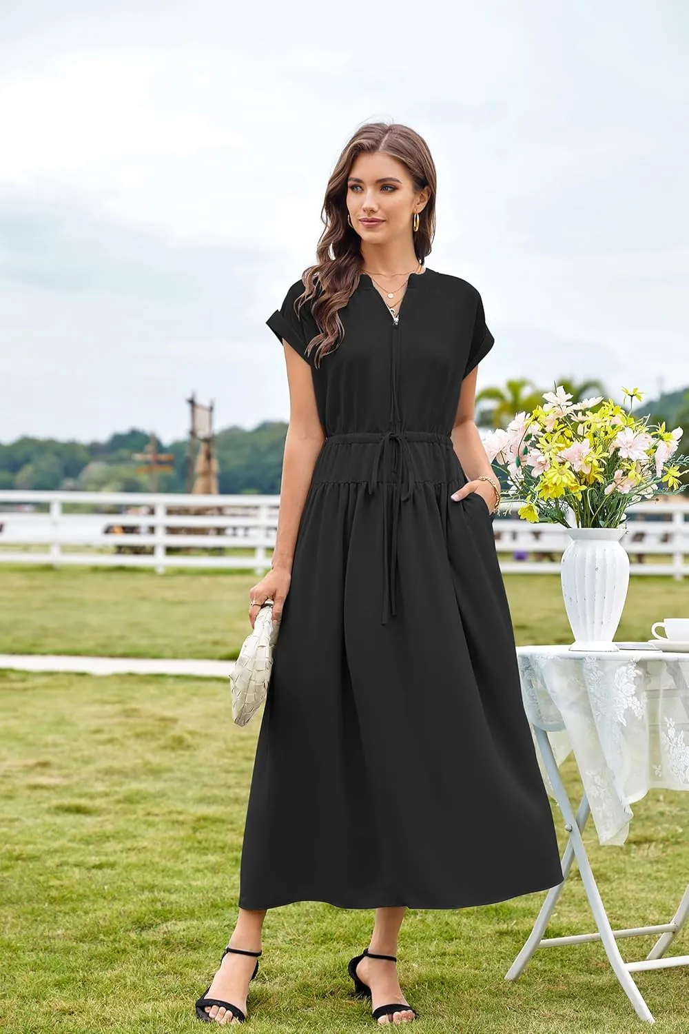 CCTOO Womens Summer Midi Dresses: Casual Short Sleeve Crewneck Drawstring Belted Zipper Flowy A Line Dress with Pockets