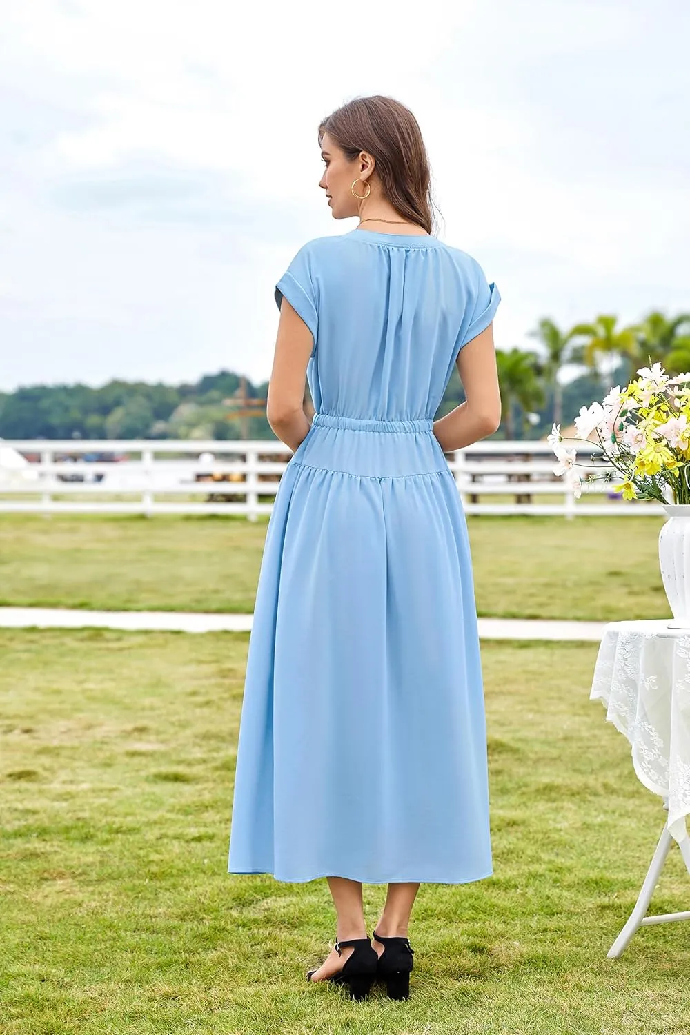 CCTOO Womens Summer Midi Dresses: Casual Short Sleeve Crewneck Drawstring Belted Zipper Flowy A Line Dress with Pockets