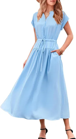 CCTOO Womens Summer Midi Dresses: Casual Short Sleeve Crewneck Drawstring Belted Zipper Flowy A Line Dress with Pockets