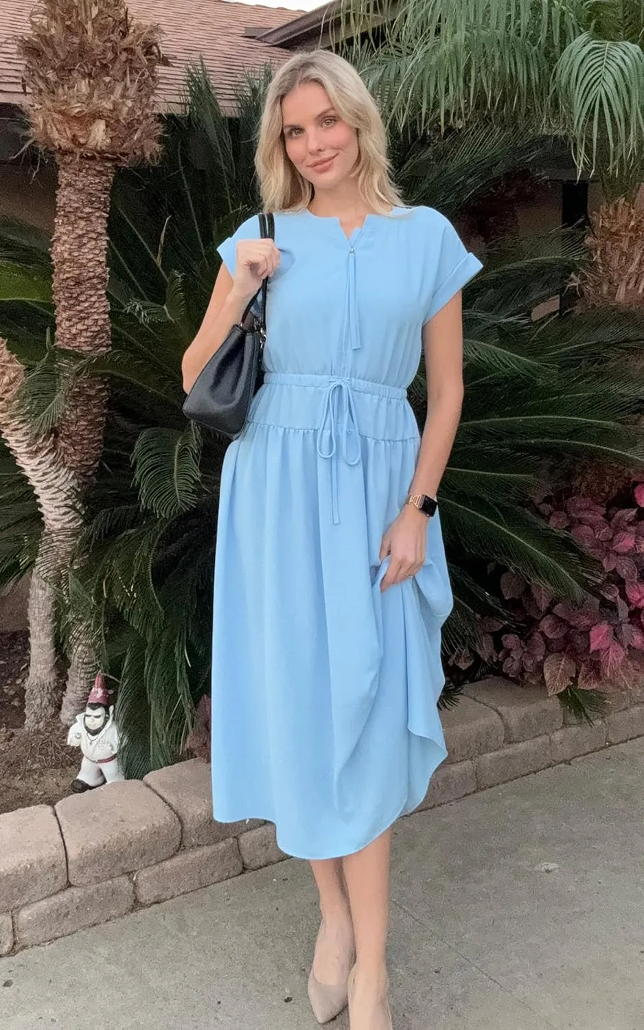 CCTOO Womens Summer Midi Dresses: Casual Short Sleeve Crewneck Drawstring Belted Zipper Flowy A Line Dress with Pockets