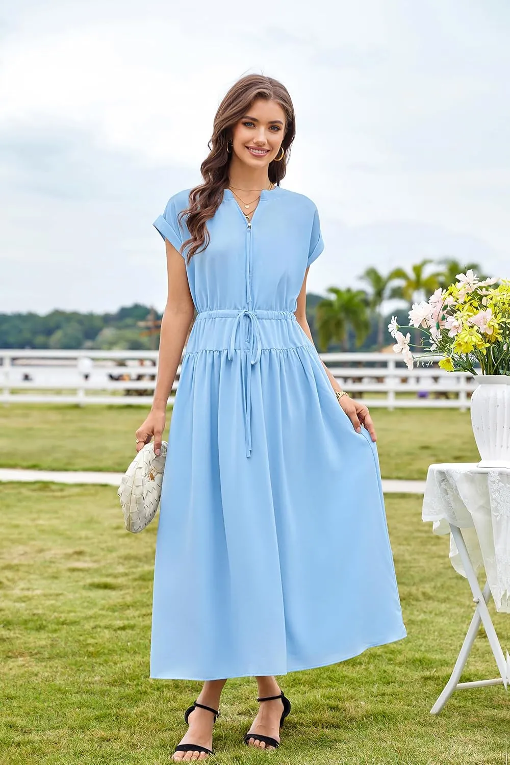 CCTOO Womens Summer Midi Dresses: Casual Short Sleeve Crewneck Drawstring Belted Zipper Flowy A Line Dress with Pockets