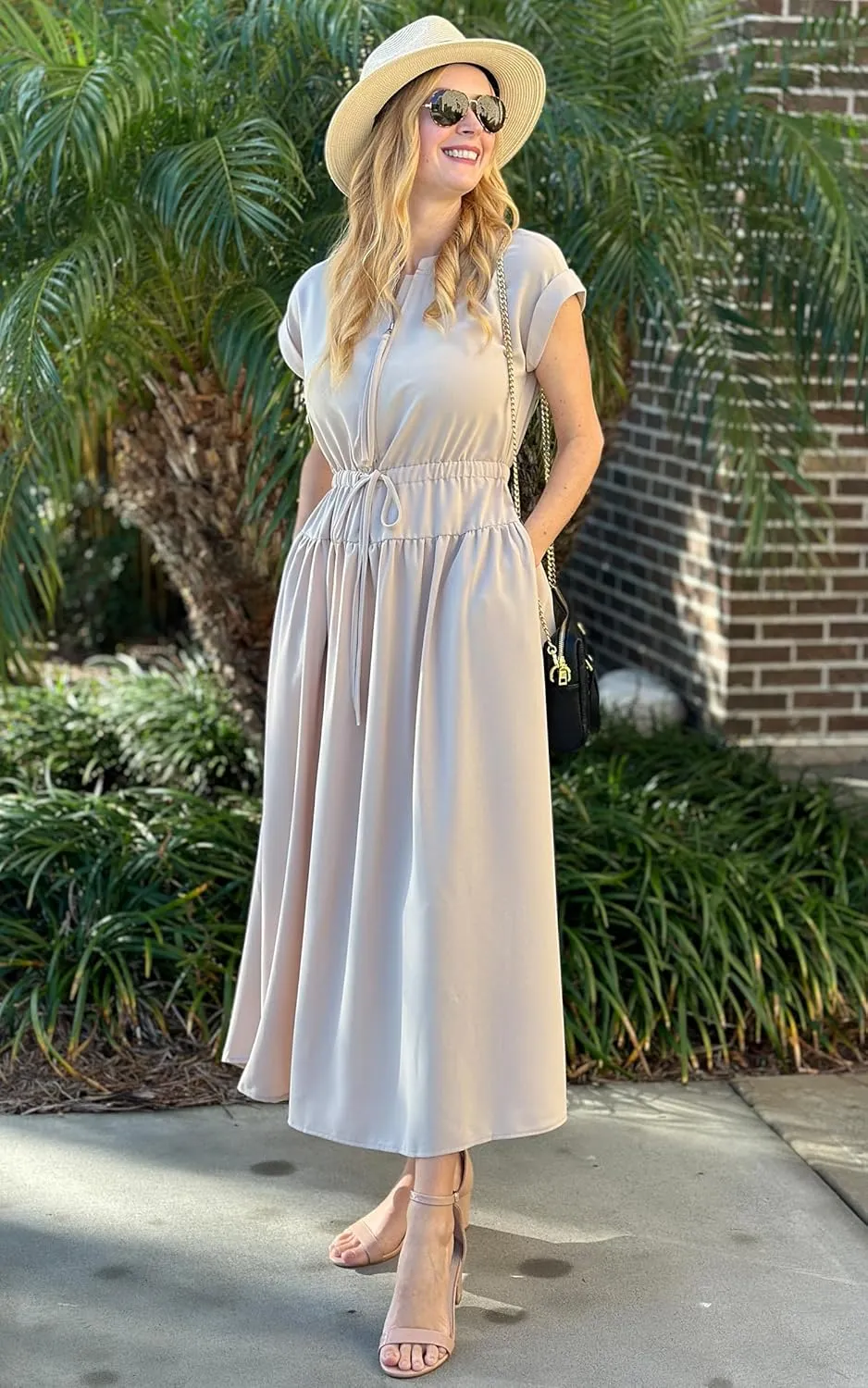 CCTOO Womens Summer Midi Dresses: Casual Short Sleeve Crewneck Drawstring Belted Zipper Flowy A Line Dress with Pockets