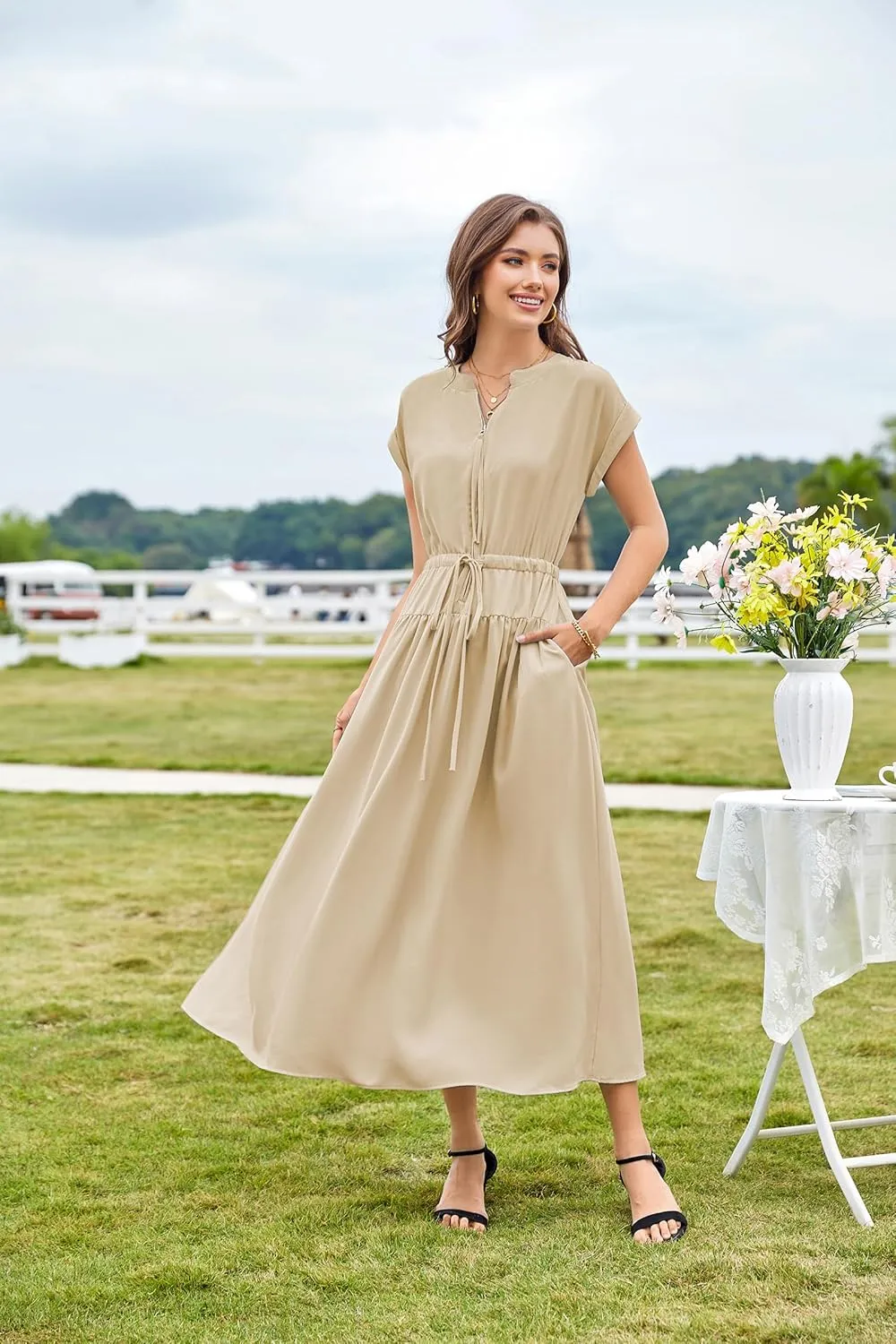 CCTOO Womens Summer Midi Dresses: Casual Short Sleeve Crewneck Drawstring Belted Zipper Flowy A Line Dress with Pockets