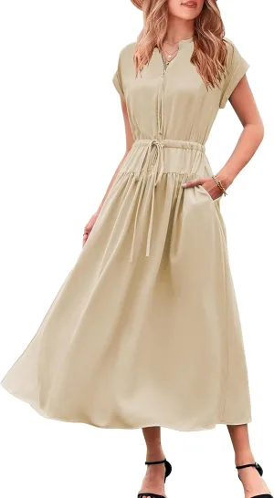 CCTOO Womens Summer Midi Dresses: Casual Short Sleeve Crewneck Drawstring Belted Zipper Flowy A Line Dress with Pockets
