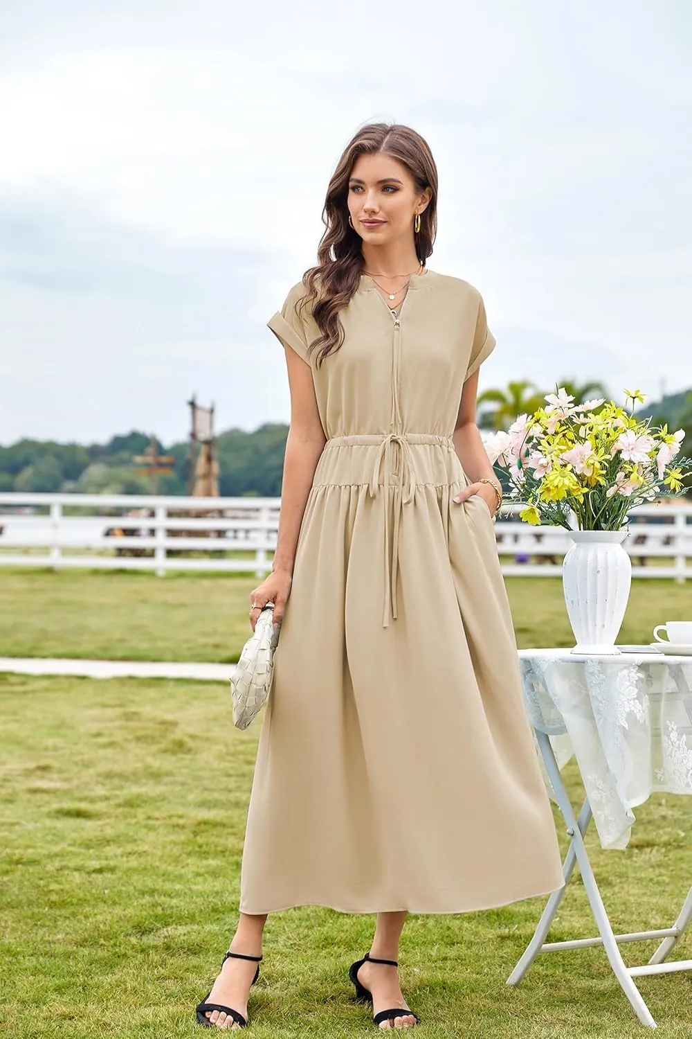 CCTOO Womens Summer Midi Dresses: Casual Short Sleeve Crewneck Drawstring Belted Zipper Flowy A Line Dress with Pockets