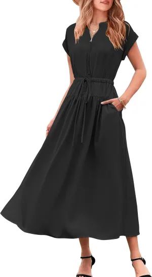 CCTOO Womens Summer Midi Dresses: Casual Short Sleeve Crewneck Drawstring Belted Zipper Flowy A Line Dress with Pockets