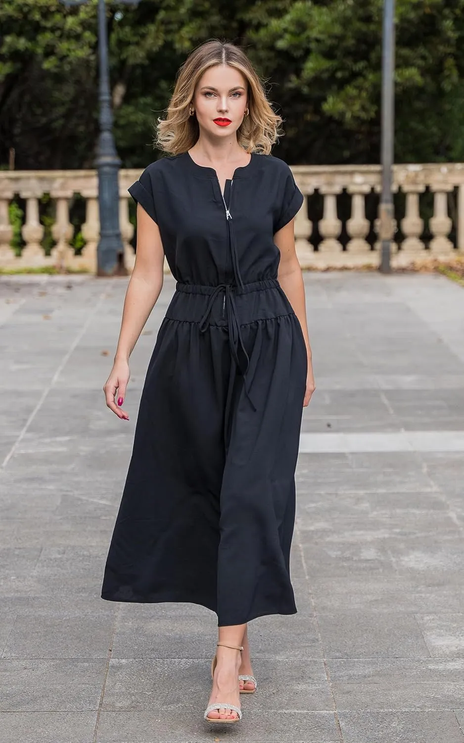 CCTOO Womens Summer Midi Dresses: Casual Short Sleeve Crewneck Drawstring Belted Zipper Flowy A Line Dress with Pockets