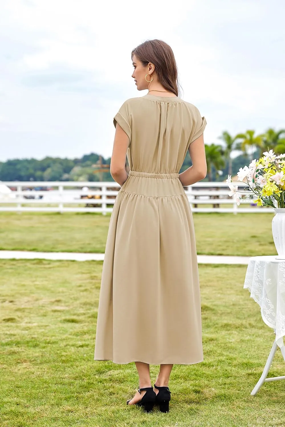 CCTOO Womens Summer Midi Dresses: Casual Short Sleeve Crewneck Drawstring Belted Zipper Flowy A Line Dress with Pockets