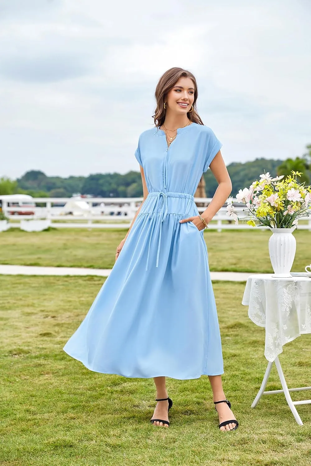 CCTOO Womens Summer Midi Dresses: Casual Short Sleeve Crewneck Drawstring Belted Zipper Flowy A Line Dress with Pockets