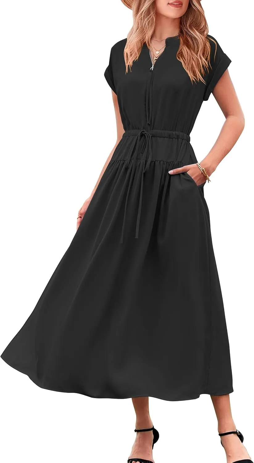 CCTOO Womens Summer Midi Dresses: Casual Short Sleeve Crewneck Drawstring Belted Zipper Flowy A Line Dress with Pockets