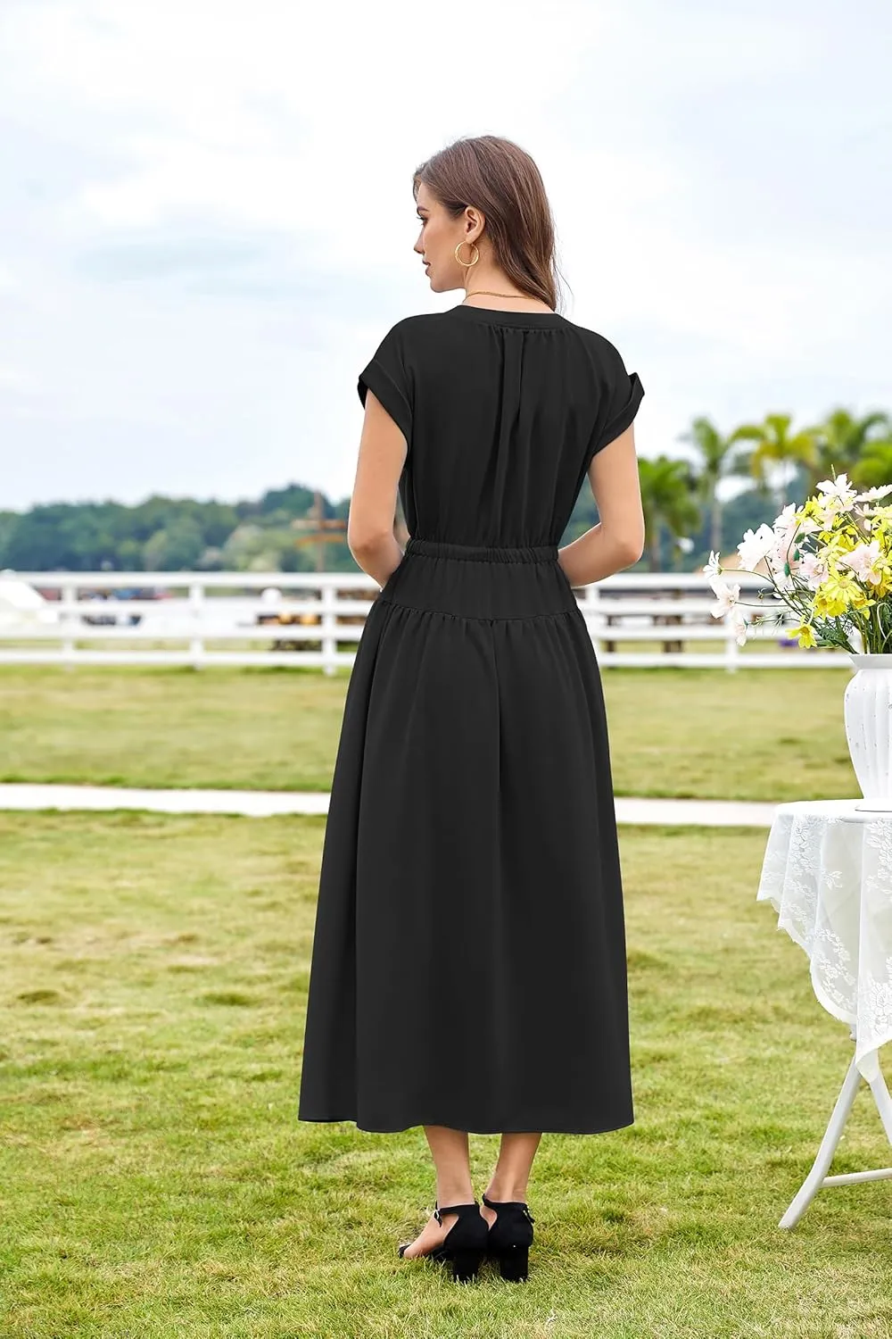 CCTOO Womens Summer Midi Dresses: Casual Short Sleeve Crewneck Drawstring Belted Zipper Flowy A Line Dress with Pockets