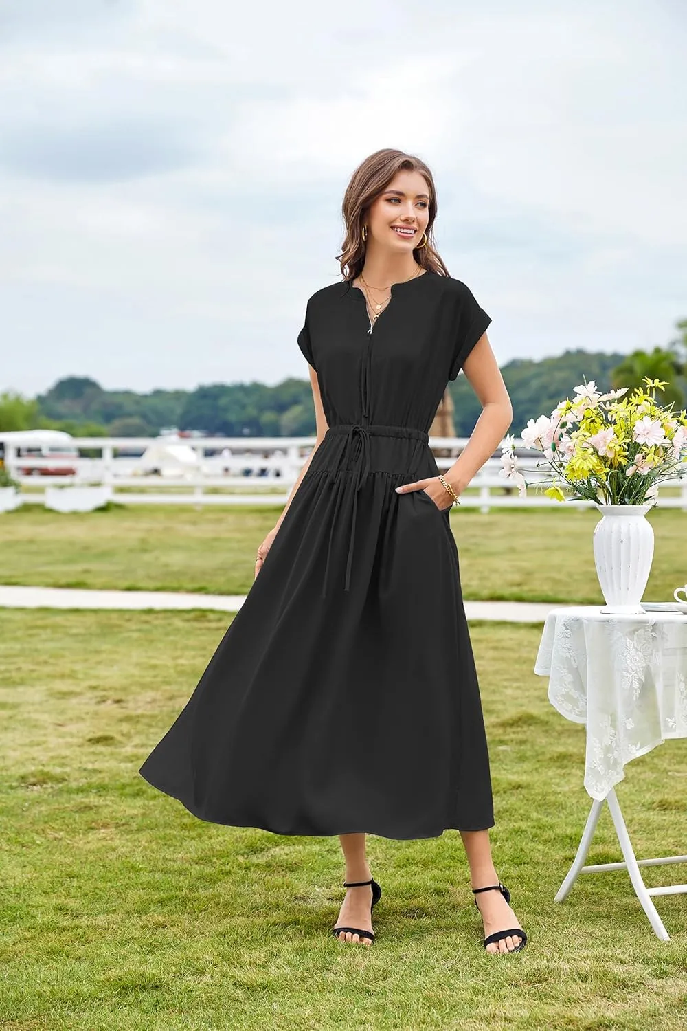 CCTOO Womens Summer Midi Dresses: Casual Short Sleeve Crewneck Drawstring Belted Zipper Flowy A Line Dress with Pockets
