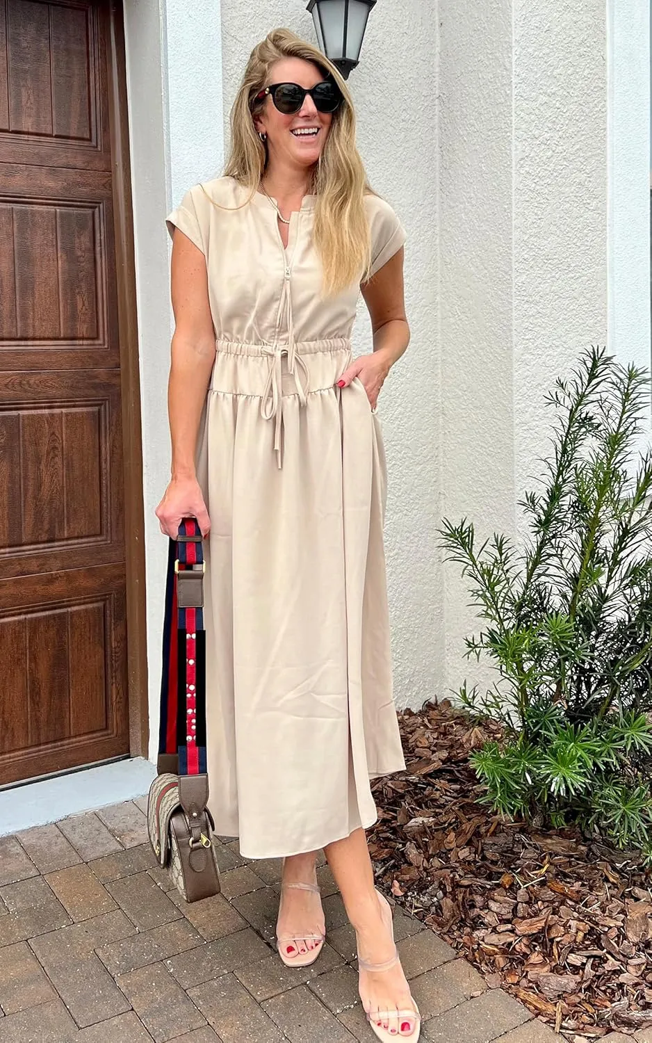 CCTOO Womens Summer Midi Dresses: Casual Short Sleeve Crewneck Drawstring Belted Zipper Flowy A Line Dress with Pockets