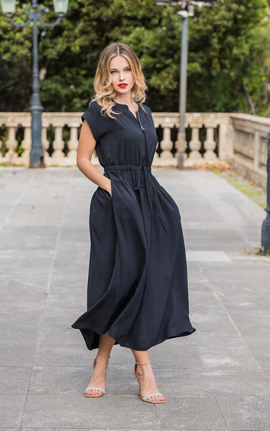 CCTOO Womens Summer Midi Dresses: Casual Short Sleeve Crewneck Drawstring Belted Zipper Flowy A Line Dress with Pockets
