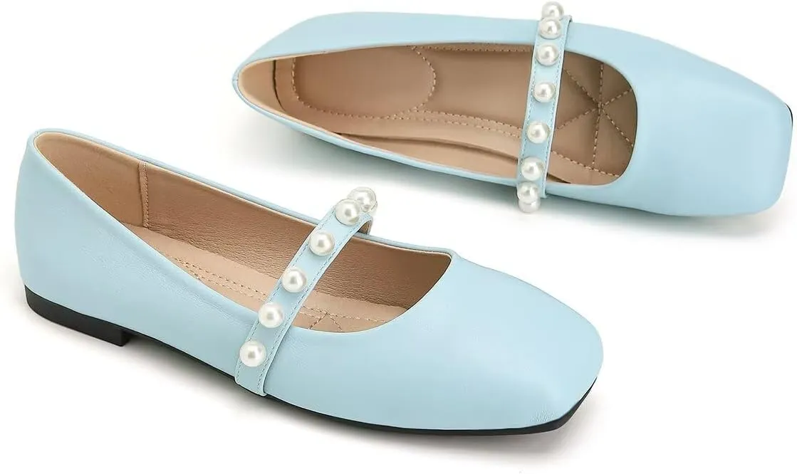ChaiRong Zhou Women Fashion Mary Jane Flats Square Toe Pu Leather Shoes Pearl Straps Slip on Low Heel Ballet Flats Casual Prom Party Dress Shoes