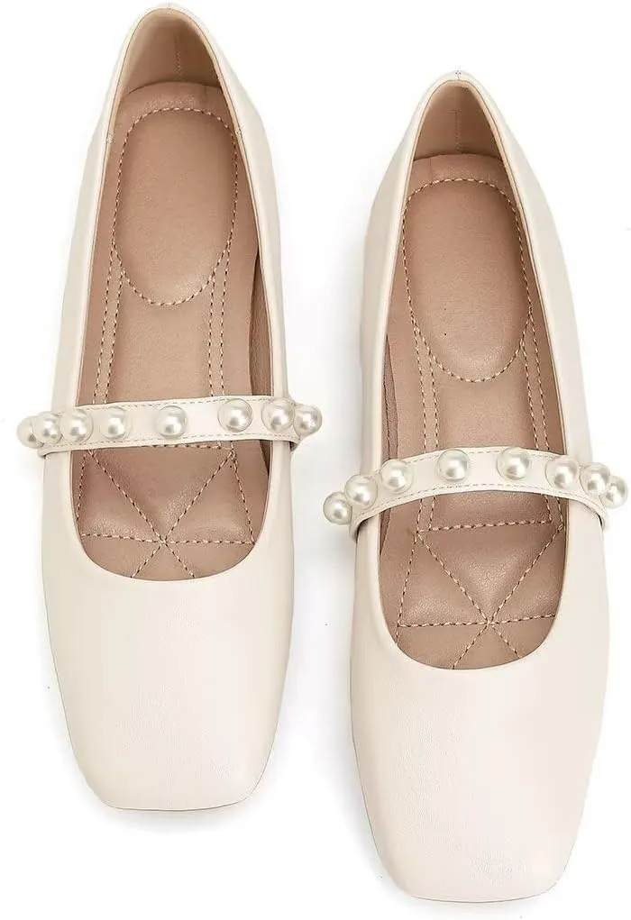 ChaiRong Zhou Women Fashion Mary Jane Flats Square Toe Pu Leather Shoes Pearl Straps Slip on Low Heel Ballet Flats Casual Prom Party Dress Shoes