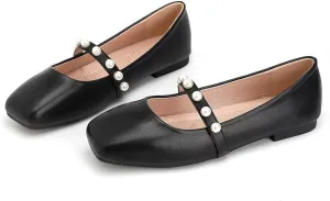 ChaiRong Zhou Women Fashion Mary Jane Flats Square Toe Pu Leather Shoes Pearl Straps Slip on Low Heel Ballet Flats Casual Prom Party Dress Shoes