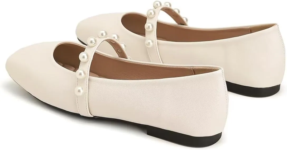 ChaiRong Zhou Women Fashion Mary Jane Flats Square Toe Pu Leather Shoes Pearl Straps Slip on Low Heel Ballet Flats Casual Prom Party Dress Shoes