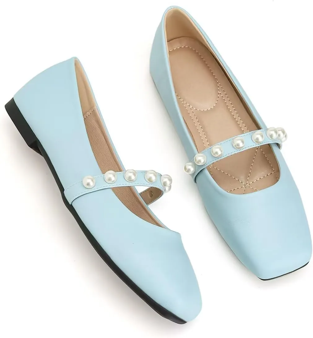 ChaiRong Zhou Women Fashion Mary Jane Flats Square Toe Pu Leather Shoes Pearl Straps Slip on Low Heel Ballet Flats Casual Prom Party Dress Shoes