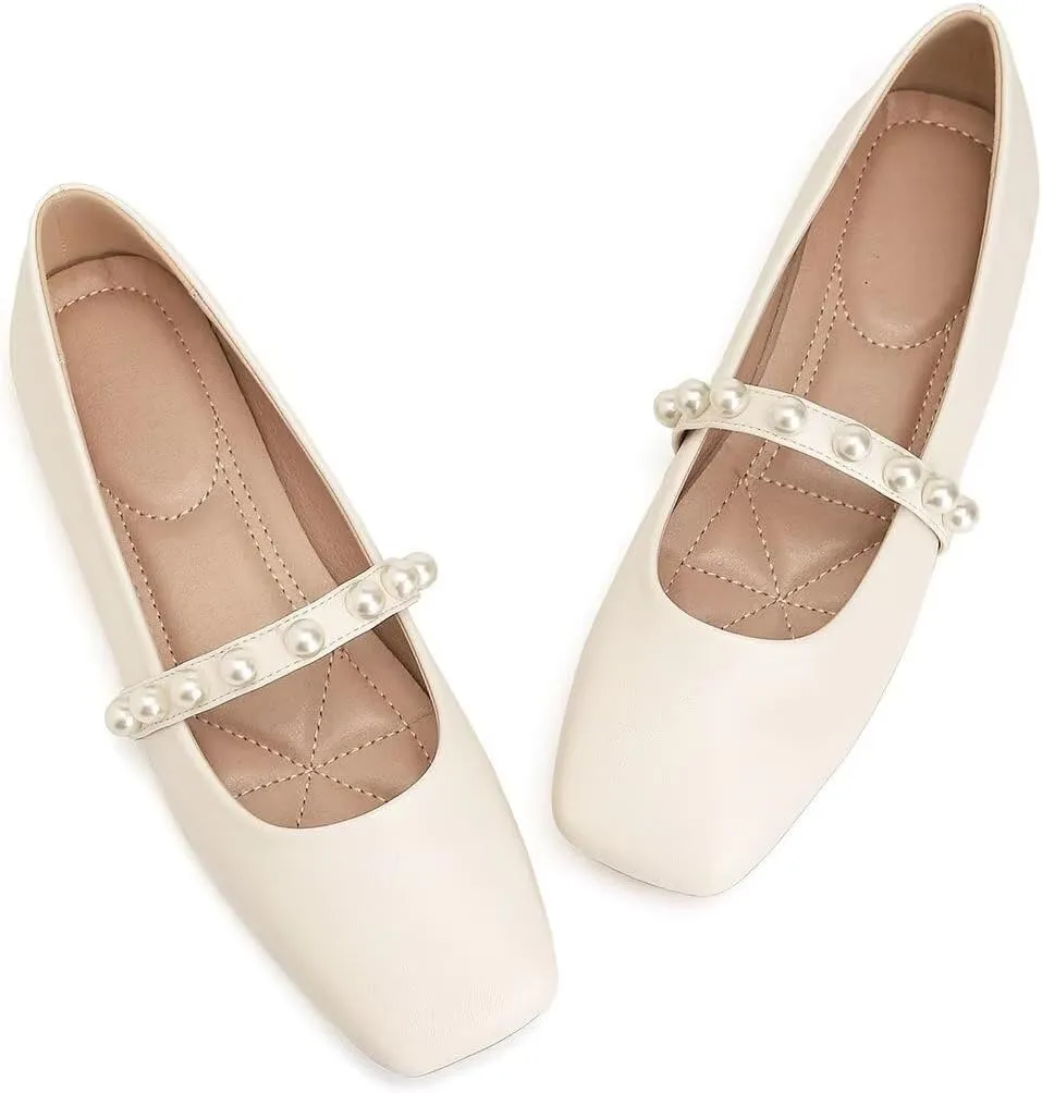 ChaiRong Zhou Women Fashion Mary Jane Flats Square Toe Pu Leather Shoes Pearl Straps Slip on Low Heel Ballet Flats Casual Prom Party Dress Shoes