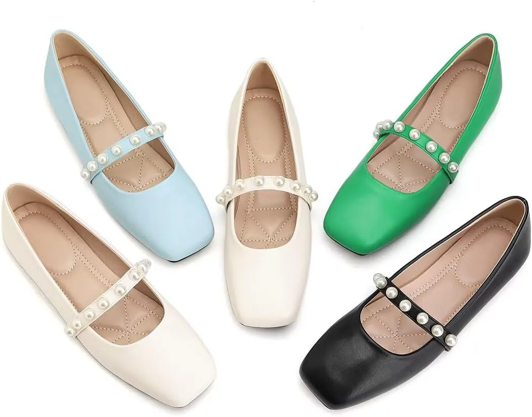 ChaiRong Zhou Women Fashion Mary Jane Flats Square Toe Pu Leather Shoes Pearl Straps Slip on Low Heel Ballet Flats Casual Prom Party Dress Shoes