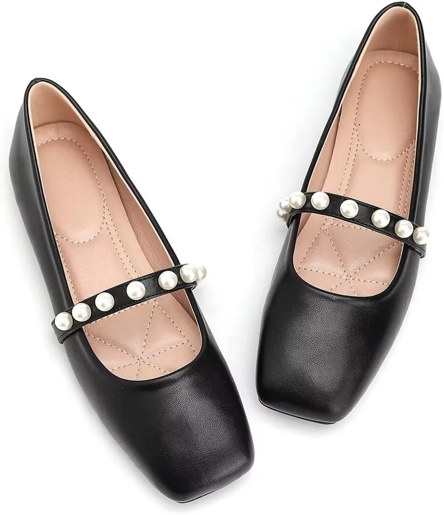 ChaiRong Zhou Women Fashion Mary Jane Flats Square Toe Pu Leather Shoes Pearl Straps Slip on Low Heel Ballet Flats Casual Prom Party Dress Shoes