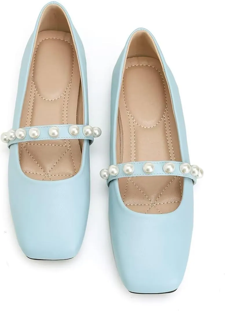 ChaiRong Zhou Women Fashion Mary Jane Flats Square Toe Pu Leather Shoes Pearl Straps Slip on Low Heel Ballet Flats Casual Prom Party Dress Shoes