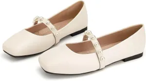 ChaiRong Zhou Women Fashion Mary Jane Flats Square Toe Pu Leather Shoes Pearl Straps Slip on Low Heel Ballet Flats Casual Prom Party Dress Shoes
