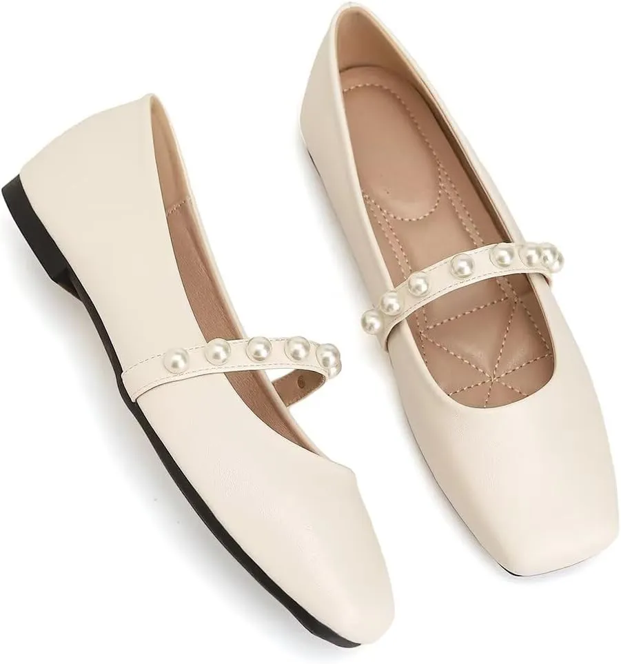ChaiRong Zhou Women Fashion Mary Jane Flats Square Toe Pu Leather Shoes Pearl Straps Slip on Low Heel Ballet Flats Casual Prom Party Dress Shoes