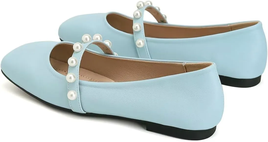 ChaiRong Zhou Women Fashion Mary Jane Flats Square Toe Pu Leather Shoes Pearl Straps Slip on Low Heel Ballet Flats Casual Prom Party Dress Shoes