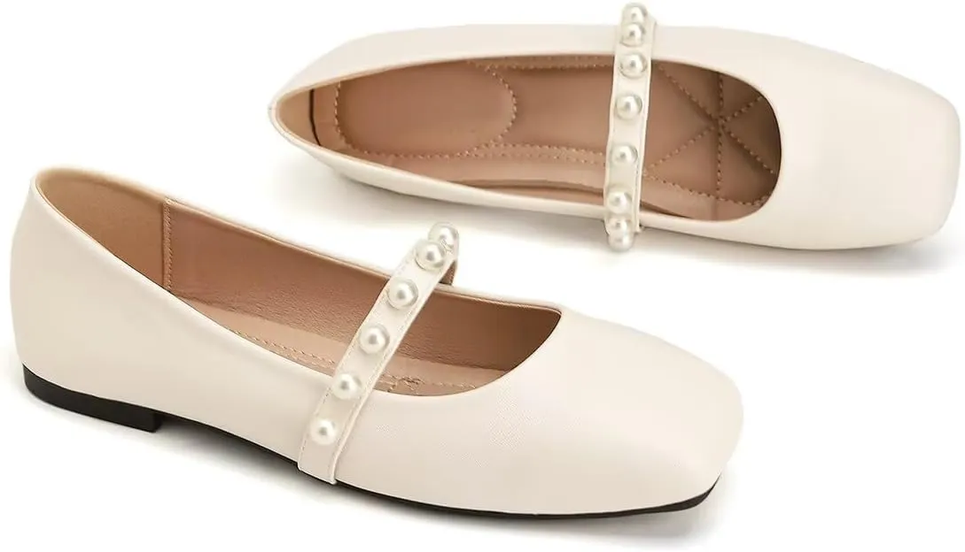 ChaiRong Zhou Women Fashion Mary Jane Flats Square Toe Pu Leather Shoes Pearl Straps Slip on Low Heel Ballet Flats Casual Prom Party Dress Shoes