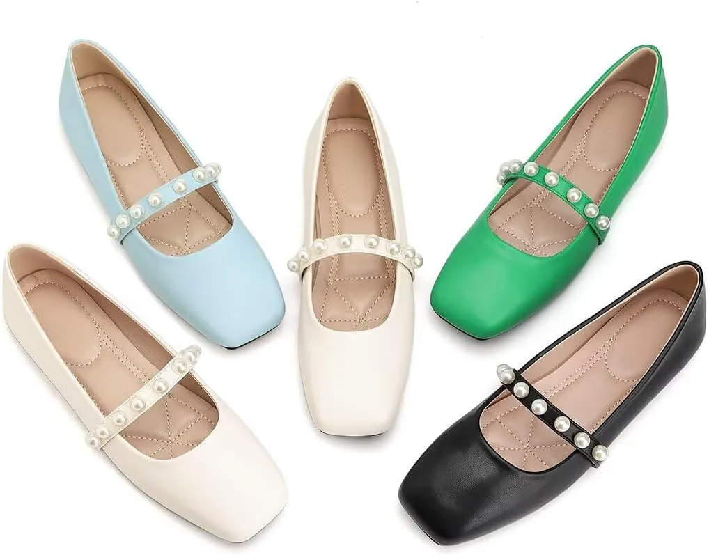 ChaiRong Zhou Women Fashion Mary Jane Flats Square Toe Pu Leather Shoes Pearl Straps Slip on Low Heel Ballet Flats Casual Prom Party Dress Shoes