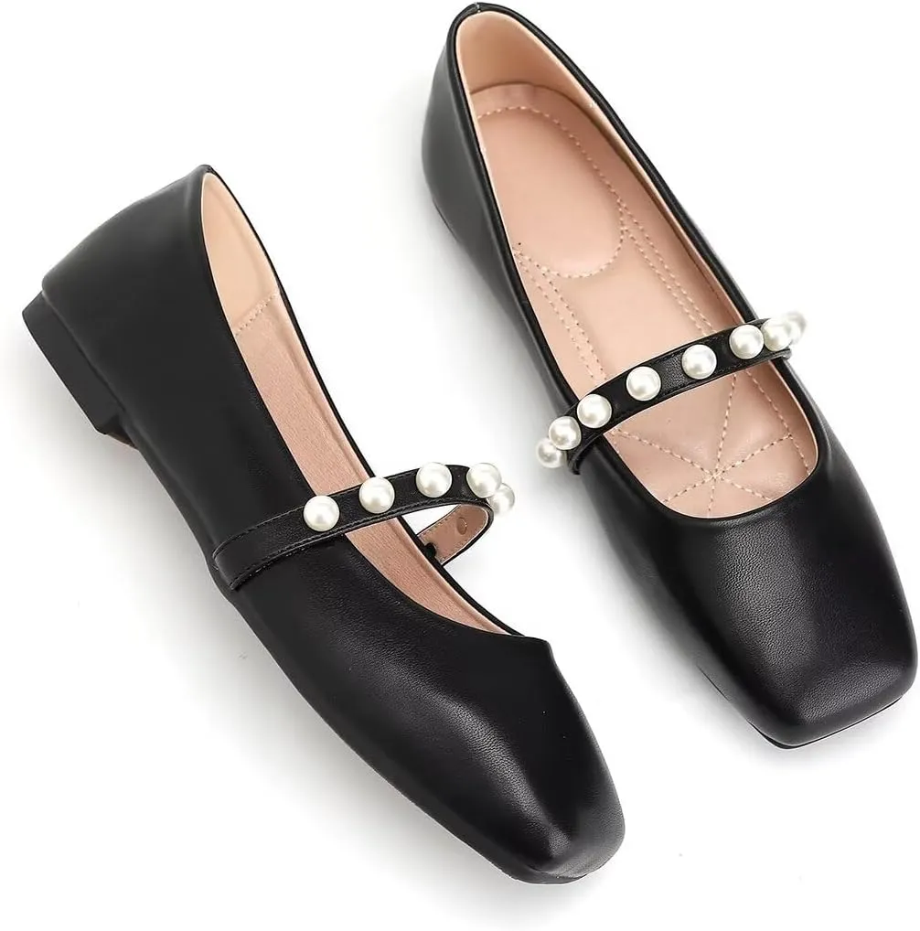 ChaiRong Zhou Women Fashion Mary Jane Flats Square Toe Pu Leather Shoes Pearl Straps Slip on Low Heel Ballet Flats Casual Prom Party Dress Shoes